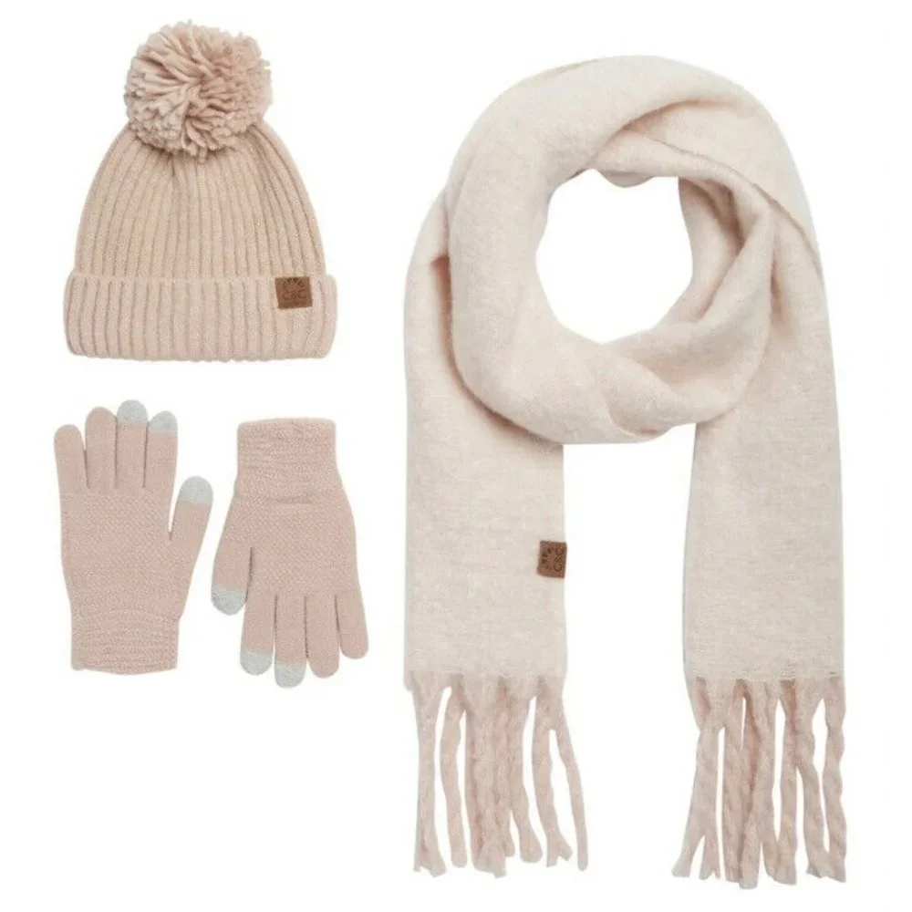 New C & C‎ California Lurex 3 Pc Giftset Beanie Gloves & Scarf Set Pink Blush